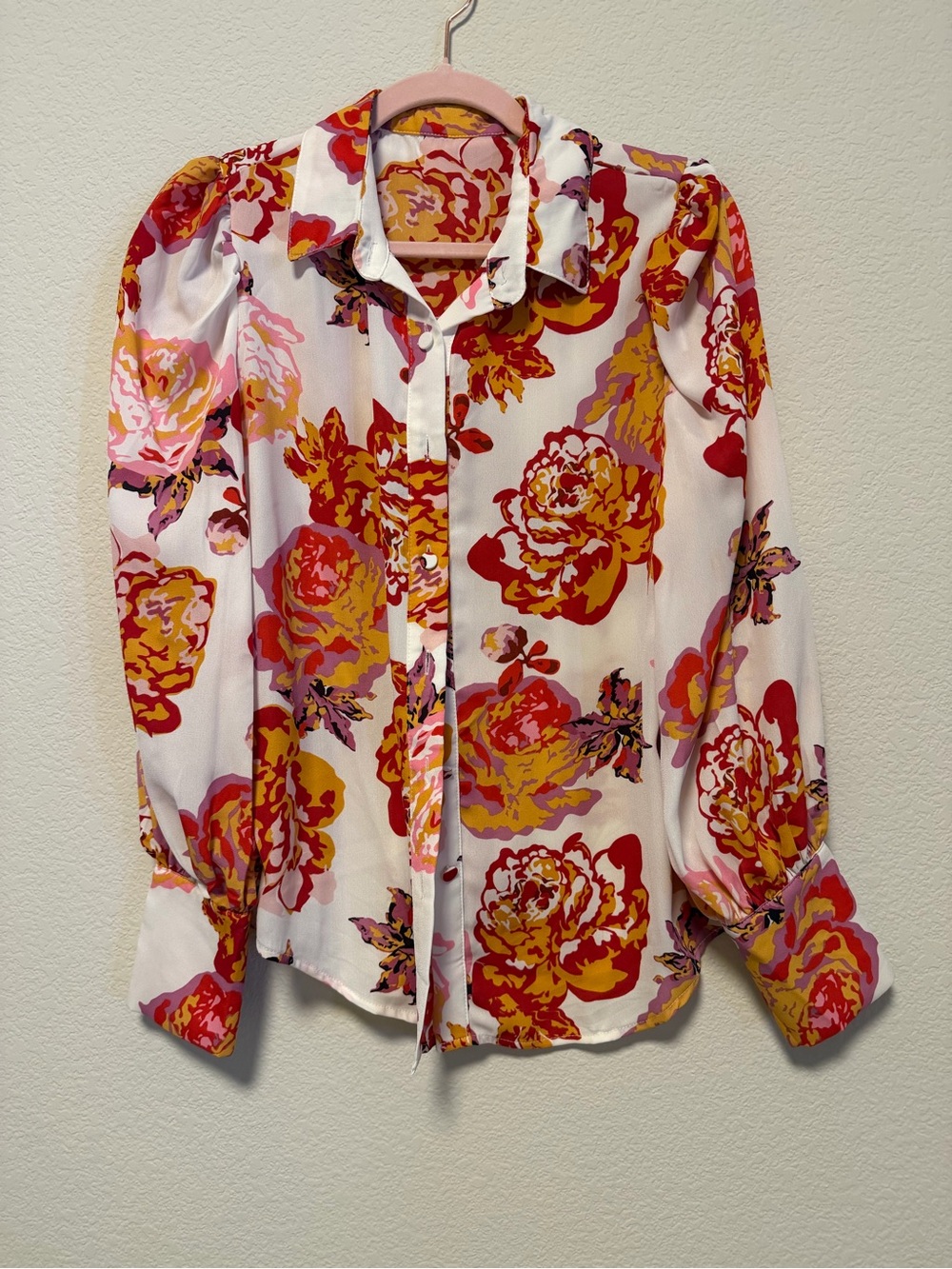 Floral Button-Up Blouse in Pink, Red & Yellow